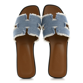 HERMES Denim Oran Fringe Sandals 36 Bleu Clair