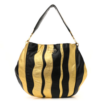 PRADA Nappa Mordore Stripes Shoulder Bag Black Oro