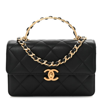 CHANEL Shiny Calfskin Quilted Mini Metal Top Handle Flap Black