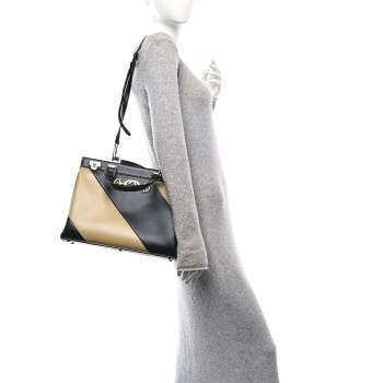 GUCCI Smooth Calfskin Diagonal Striped Medium Zumi Top Handle Bag Black Beige