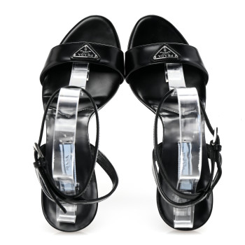 PRADA Spazzolato Metal Triangle Logo Ankle Strap 100mm Sandals 37 Black