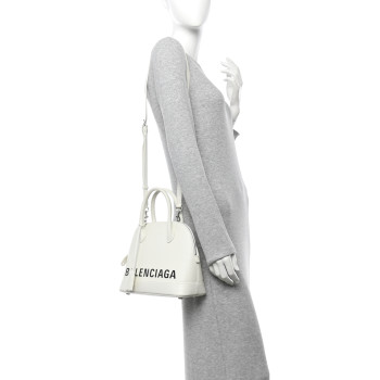 BALENCIAGA Signature Grained Calfskin Logo S Ville Top Handle Bag White Black