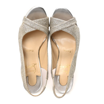 CHRISTIAN LOUBOUTIN Glitter Postdam 130 Slingback Peep Toe Pumps 38.5 Ivory Light Gold