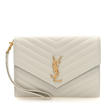 SAINT LAURENT Grain De Poudre Matelasse Chevron Monogram Envelope Clutch Blanc Vintage