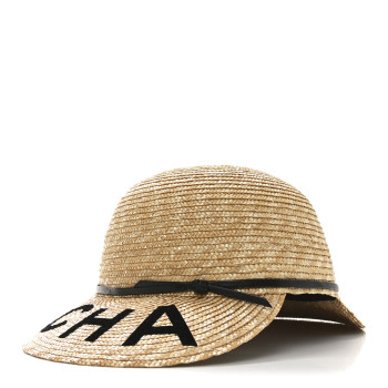 CHANEL Straw Calfskin Logo Visor Hat M Natural Black