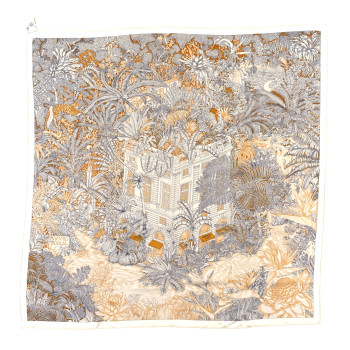 HERMES Silk Faubourg Tropical Scarf 90 Sepia White Caramel