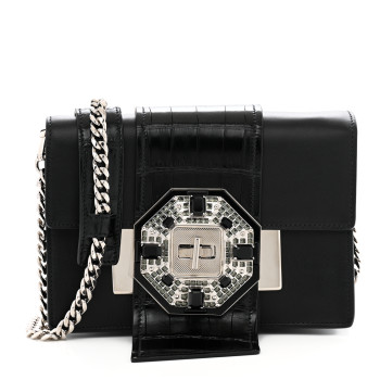 PRADA City Calf Cocco Crystal Embellished Ribbon Bag Black