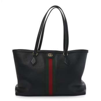 GUCCI Textured Calfskin Web Medium Ophidia Shopping Tote Black
