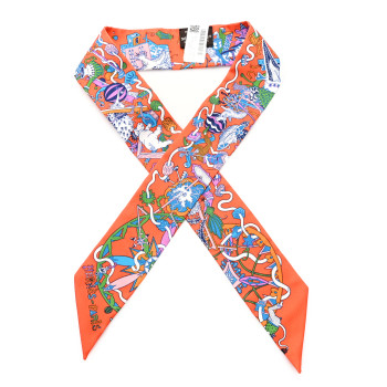 HERMES Silk La Folle Parade Twilly Orange Bleu White
