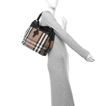 BURBERRY Grainy Calfskin House Check Medium Sycamore Hobo Black