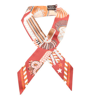 HERMES Silk Epaulettes Twilly Beige Terracotta Orange