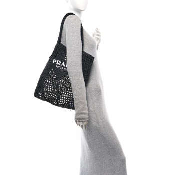 PRADA Yarn Raffia Effect Crochet Logo Embroidered Tote Bag Black