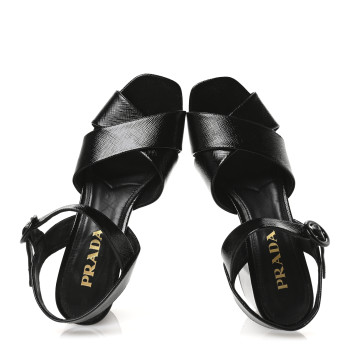PRADA Vernice Saffiano Embossed Crisscross Platform 20/65mm Sandals 37.5 Black