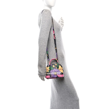 BALENCIAGA Smooth Calfskin Lush Floral Print XXS Ville Top Handle Bag Black Multicolor