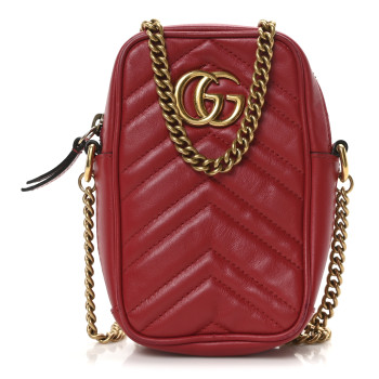 GUCCI Calfskin Matelasse Mini GG Marmont Crossbody Bag Hibiscus Red