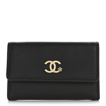 CHANEL Goatskin Camellia CC Flap Card Holder Black
