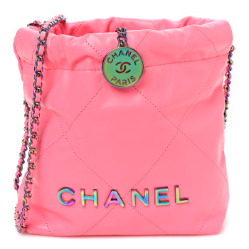 CHANEL Shiny Calfskin Quilted Rainbow Metal Mini Chanel 22 Coral Pink