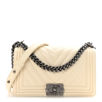 CHANEL Lambskin Chevron Quilted Medium Boy Flap Ivory