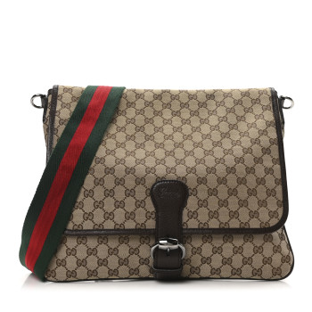 GUCCI Monogram Web Single Buckle Flap Messenger Bag Beige Dark Brown