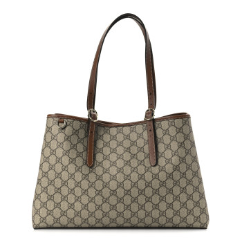 GUCCI GG Supreme Monogram Emblem Medium Tote Bag Beige Dark Brown