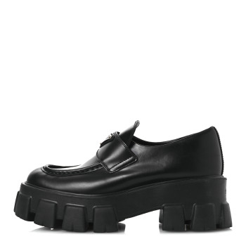 PRADA Spazzolato Rois Metal Triangle Logo Monolith 55mm Loafers 37.5 Black