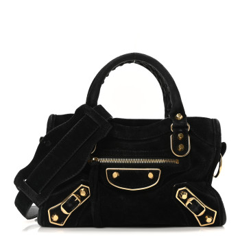 BALENCIAGA Baby Daim Suede Gold Metallic Edge Hardware Mini City Black