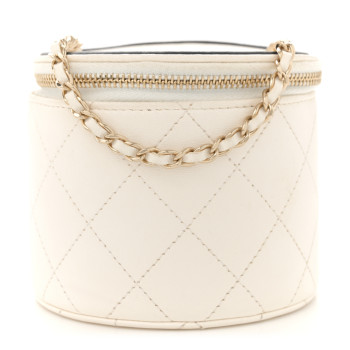 CHANEL Lambskin Quilted Round Small Vanity Case With Chain White Black