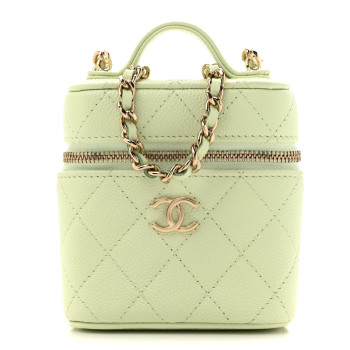 CHANEL Caviar Quilted Small Handle With Care Vanity Case With Chain Light Green