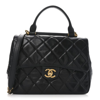 CHANEL Glazed Calfskin Quilted Medium Gold Bar Top Handle Flap Black