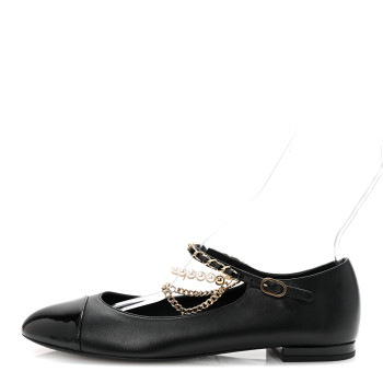 CHANEL Shiny Lambskin Pearl Cap Toe Ankle Chain Ballerina Flats 41 Black