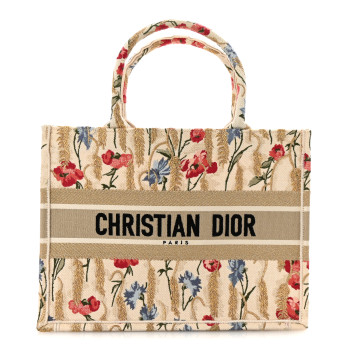 CHRISTIAN DIOR Canvas Embroidered Medium Hibiscus Book Tote Beige Multicolor