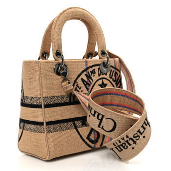 CHRISTIAN DIOR Canvas Jute Embroidered Medium Lady D-Lite Beige Multicolor
