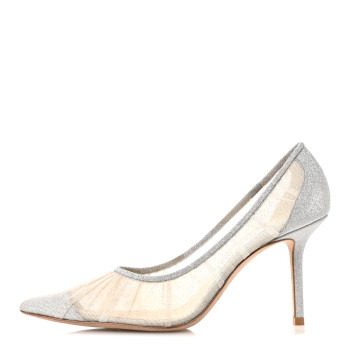 JIMMY CHOO Fine Glitter Tulle Love 85 Pumps 37.5 Ivory Silver