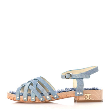 CHANEL Denim Cork Pearl Sandals 39 Blue