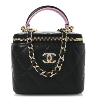 CHANEL Lambskin Quilted Top Handle Mini Vanity Case With Chain Black Pink