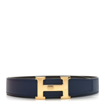HERMES Epsom 32mm H Belt 90 36 Blue Nuit Chocolate