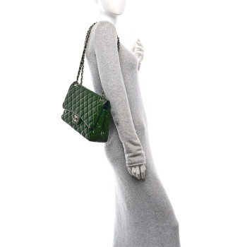 CHANEL Patent Quilted Jumbo Double Flap Green