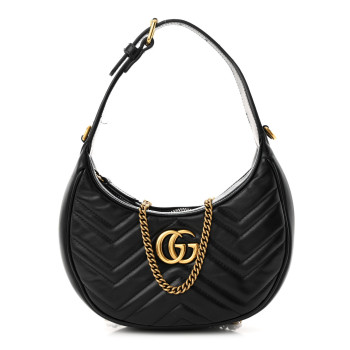 GUCCI Calfskin Matelasse Chevron Mini GG Marmont Half Moon Hobo Black