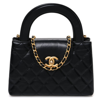 CHANEL Shiny Aged Calfskin Quilted Nano Kelly Shopper Black