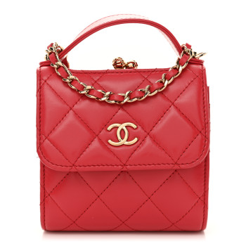 CHANEL Shiny Calfskin Quilted Clutch With Chain Red