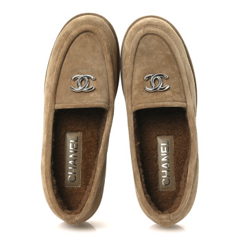 CHANEL Suede Calfskin CC Loafers 38 Dark Beige