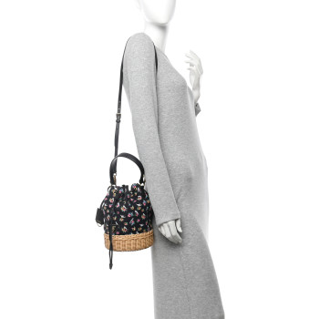 PRADA Wicker Canvas Floral Print Bucket Bag Black Multicolor
