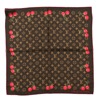 LOUIS VUITTON LV X TM Silk Cotton Monogram Cerises Square Scarf 55 Brown