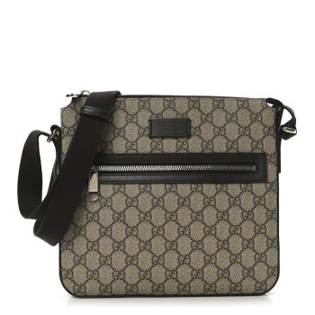 GUCCI GG Supreme Monogram Selleria Calfskin Small Flat Side Zip Messenger Bag Beige Ebony Cocoa Dark Chocolate