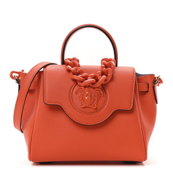 VERSACE Grained Calfskin Small La Medusa Top Handle Bag Orange