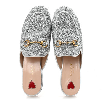 GUCCI Glitter Womens Princetown Slippers 36.5 Silver