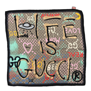 GUCCI Silk Twill GG Monogram Life is Gucci Square Scarf Multicolor