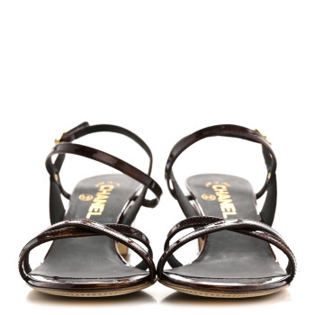 CHANEL Patent Tortoise Ankle Strap Sandals 38 Marron Bronze