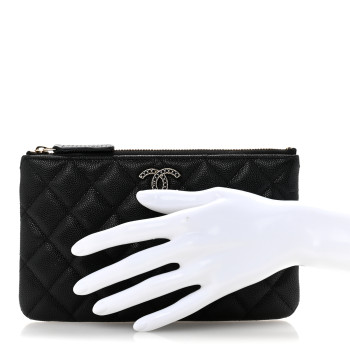 CHANEL Shiny Caviar Quilted Strass CC Cosmetic Case Black