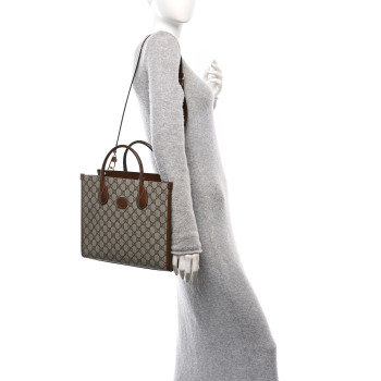 GUCCI GG Supreme Monogram Azalea Calfskin Small Retro Interlocking G Tote Bag Beige Ebony Brown Sugar